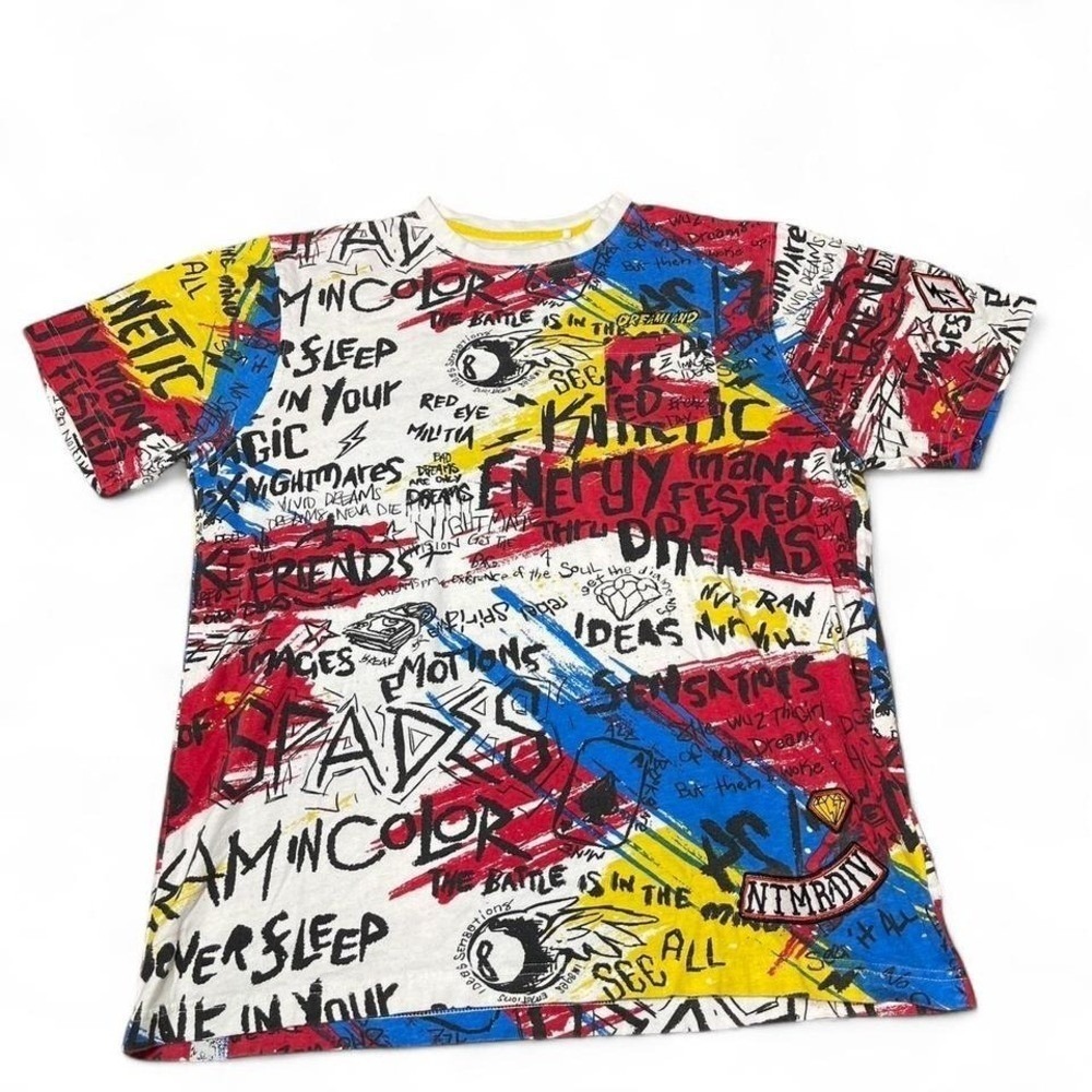 Multicoloured graffiti style graphic tee with bold designs